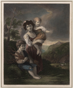 G.B. SHAW c. 1840 hand-coloured steel engraving, 41 x 47cm overall, together with 'First Steps' c. 1880&nbsp;chromolithograph,&nbsp;43 x 54.5cm overall, plus five others. (7 items)