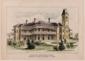 'Residence of Hon. M. H. Davies Toorak' c. 1887 hand-coloured wood engraving, 46 x 39.5cm overall, together with 'Residence of William John Mountain Esq.' c. 1888 hand-coloured lithograph, 45 x 39cm overall, plus five other similar. (7 items)