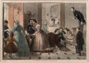 Five c. 1870s Valentine's Day-themed wood engravings, the largest 56 x 46.5cm overall. (5 items)