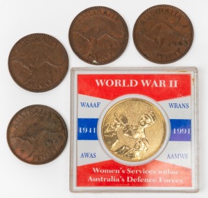 1941-91 Women's Services within Australia's Defence Forces gilt medallion in plastic case of issue; together with 1941 (2), 1943 and 1959 Pennies. (5 items).