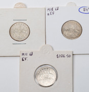 SIXPENCES: GEORGE V, 1911 EF, 1912 VF and 1918 EF, (3 coins).