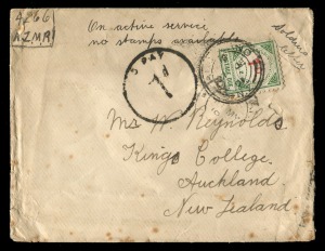 NEW ZEALAND - Postal History: BOER WAR CONTINGENT: May 1901 On Active Service cover, posted at DURBAN and although clearly marked "Soldier's Letter", the cover has been taxed 1d, with a 1d Postage Due affixed on delivery in Auckland; Wellington b/stamp.