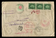 NEW ZEALAND - Postal History: July 1938 short-paid cover from Cardiff, addressed to HAMILTON, endorsed and stamped "3d to pay" with a 3d Postage Due affixed and tied at HAMILTON; also marked "NOT FOUND" and "RETURNED FROM...." with "POSTMEN'S BRANCH" cds'