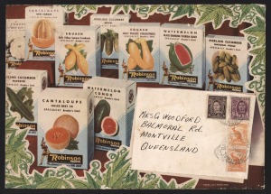 1955 (Dec.28) double-rate envelope with all-over multi-coloured advertising for Lawrence Robinson & Sons (Seed Merchants) from Neutral Bay NSW to Montville Queensland; the adhesives (total 6d) for 3½d 1st ounce + 2½d 2nd ounce. An extraordinary item.