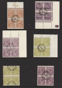 KGV Heads - Collections & Accumulations: CTO blocks of 4: a &frac12;d Orange to 5d Chestnut range of blocks, incl. 3d Blue, 4d Olive, 4&frac12;d Violet, all CTO, mainly at GPO MELBOURNE, in preparation for inclusion in Specimen sets. (14 blks.4). - 2