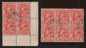 KGV Engraved Issues: 1913 1d Carmine-red, a lower right cnr. blk.4 plus a blk.6, both blocks attractively CTO (full gum) with the "MELBOURNE DE 5 13" cds used for Specimen sets. (1). BW:59wa.