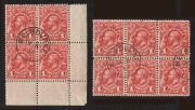 KGV Engraved Issues: 1913 1d Carmine-red, a lower right cnr. blk.4 plus a blk.6, both blocks attractively CTO (full gum) with the "MELBOURNE DE 5 13" cds&nbsp;used for Specimen sets. (1). BW:59wa.