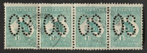 Kangaroos - First Watermark: 1/- Blue-Green, perforated Large OS, FU horizontal strip (4) with Jan.1914 cds's. BW:30ba. A scarce multiple.