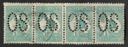 Kangaroos - First Watermark: 1/- Blue-Green, perforated Large OS, FU horizontal strip (4) with Jan.1914 cds's. BW:30ba. A scarce multiple.