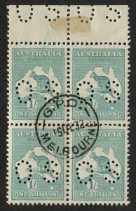 Kangaroos - Third Watermark: 1/- Blue-green (Die 2B), marginal blk.(4) CTO with full gum. A scarce multiple from a sheet prepared for inclusion in Specimen sets. BW: 33wa.