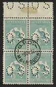 Kangaroos - Third Watermark: 1/- Blue-green (Die 2B), marginal blk.(4) CTO with full gum. A scarce multiple from a sheet prepared for inclusion in Specimen sets. BW: 33wa.
