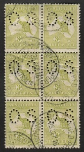 Kangaroos - First Watermark: 3d Olive (Die 1), perforated Small OS blk.(6) FU with Perth Registration postmarks of Sept. 1916. BW: 12bc $750.