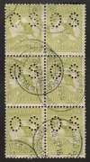 Kangaroos - First Watermark: 3d Olive (Die 1), perforated Small OS blk.(6) FU with Perth Registration postmarks of Sept. 1916. BW: 12bc $750.