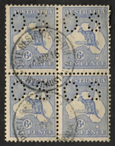 Kangaroos - Second Watermark: 6d Ultramarine, perforated Small OS, blk.(4) with March 1916 Perth POste Restante cds's. BW.18ba,