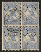 Kangaroos - Second Watermark: 6d Ultramarine, perforated Small OS, blk.(4) with March 1916 Perth POste Restante cds's. BW.18ba,