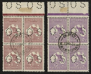 Kangaroos - Small Multiple Watermark: 9d Violet & 2/- Maroon, marginal blks.4 CTO with full gum. Scarce multiples from sheets prepared for inclusion in Specimen sets. BW: 27wa & 39wa. (8).