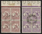 Kangaroos - Small Multiple Watermark: 9d Violet & 2/- Maroon, marginal blks.4 CTO with full gum. Scarce multiples from sheets prepared for inclusion in Specimen sets. BW: 27wa & 39wa. (8).