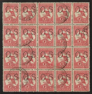 Kangaroos - First Watermark: 1d Red (Die 2A) perforated Small OS blk.(20) from Plate 4, with variety BW;4(H)d "Diagonal scratch through NE of ONE"; remarkably well centred and FU commercially used block with POSTE RESTANTE WESTERN AUSTRALIA cds's. Cat. $600+.