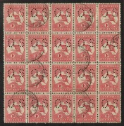 Kangaroos - First Watermark: 1d Red (Die 2A) perforated Small OS blk.(20) from Plate 4, with variety BW;4(H)d "Diagonal scratch through NE of ONE"; remarkably well centred and FU commercially used block with POSTE RESTANTE WESTERN AUSTRALIA cds's. Cat. $6