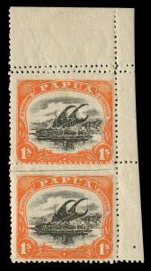 PAPUA: 1910-11 (SG.81) 1/- black & deep orange Lakatoi, upper right corner pair showing double perforations in the top margin, misplaced horizontal perforations through the upper unit and an official post office cut and repair through the otherwise unperforated space between the upper and lower units. (2). Highly unusual. Mint. (2).