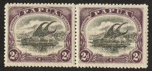 PAPUA: 1910-11 (SG.77+77a) 2d black & dull purple, horizontal pair, the left unit with "PCSTAGE" variety, superb MUH. (2)