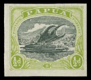 PAPUA: PLATE PROOF: 1919 (SG.93) &frac12;d myrtle & apple-green Lakatoi, Imperforate plate proof on watermarked gummed paper, MUH.