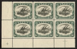PAPUA: 1907-10 (SG.64) 6d black & myrtle-green Lakatoi, lower left cnr.blk.(6); one unit with "Rift in cloud variety" (Unit 23), the unit below it with "Outer frame thickened over P and U" (Unit 28) which also has the flaw in sky at right. MUH/MLH.