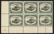 PAPUA: 1907-10 (SG.64) 6d black & myrtle-green Lakatoi, lower left cnr.blk.(6); one unit with "Rift in cloud variety" (Unit 23), the unit below it with "Outer frame thickened over P and U" (Unit 28) which also has the flaw in sky at right. MUH/MLH.