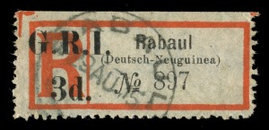 NEW GUINEA - 'G.R.I.' Overprints: 1915 (SG.33d) 3d G.R.I. Registration label for Rabaul (sans serif setting) with the variety "a hyphen between Deutsch - Neuguinea", FU with large part Rabaul Aug.1915 cds. Cat.£550.