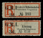 NEW GUINEA - 'G.R.I.' Overprints: 1915 (SG.41 & 42) 3d G.R.I. Registration labels for Friedrich Wilhemshafen and Kawieng, both with the text with serifs, Mint, (2). Cat.&pound;525.
