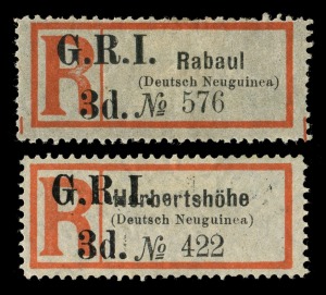 NEW GUINEA - 'G.R.I.' Overprints: 1915 (SG.33 and 36) 3d G.R.I. Registration labels for Rabaul and Herbertshohe, both in the sans serif settings, (2) Unused, with o.g. (2). Cat.£575.