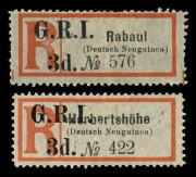 NEW GUINEA - 'G.R.I.' Overprints: 1915 (SG.33 and 36) 3d G.R.I. Registration labels for Rabaul and Herbertshohe, both in the sans serif settings, (2) Unused, with o.g. (2). Cat.&pound;575.