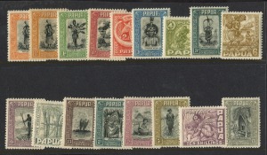 PAPUA: 1932-40 (SG.130-45 plus 130a) ½d (both printings) - £1 complete set of Pictorials, fine and fresh M/MLH. Cat.£575.