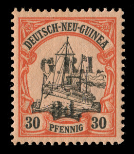 NEW GUINEA - 'G.R.I.' Overprints: 1914-15 (SG.8) 3d on 30pf black & orange on buff, MLH. £475.