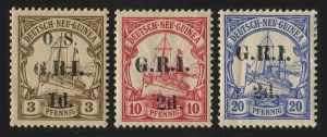 NEW GUINEA - 'G.R.I.' Overprints: 1914-15 (SG.14, 15 & 01) 2d on 10pf carmine, 2d on 20pf ultramarine, and 1d OS on 3pf brown, (3) MLH/MUH.