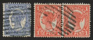 PAPUA: QUEENSLAND STAMPS USED IN BNG 1885 - 1901: 1d vermilion horizontal pair and 2d blue; all with good strikes of the BNG 9-bar cancel, (3 stamps).