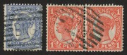 PAPUA: QUEENSLAND STAMPS USED IN BNG 1885 - 1901: 1d vermilion horizontal pair and 2d blue; all with good strikes of the BNG 9-bar cancel, (3 stamps).