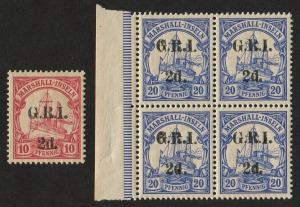 NEW GUINEA - 'G.R.I.' Overprints: 1914 (SG.52, 53) 2d on 10pf carmine (gum bend), and 2d on 20pf ultramarine, marginal blk.4 , MUH. (5).
