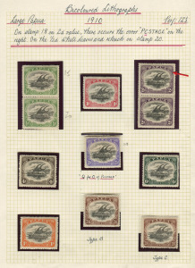 PAPUA: 1910-11 (SG.75-83) Large PAPUA perf.12½ series on album page, comprising of ½d vertical pair [Units 15 and 20 with "White leaves at right"], 1d, 2d vertical pair incl. SG.77a "PCSTAGE" at right, 2½d [Unit 10, with "PQSTAGE"" variety], 4d, 6d, 1/- and both 2/6 types, Mint. (11). Cat.£390+.
