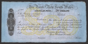PRIVATE BANK ISSUE: BANK OF NEW SOUTH WALES, Specimen Circular Note for £20 Sterling, Adelaide Branch, 18...., perforated SPECIMEN / C. SKIPPER & EAST in two lines at lower right. Uncirculated.