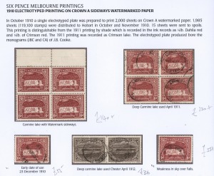 TASMANIA: 1905-11 (SG.254a) 6d carmine-lake Perf.11 group, comprising of a marginal block of 4 MUH, a rare block of 4 used, a strip of 4 used, three singles, including one with "Weakness in sky over Falls"; also 3d brown Perf.11 (SG.253b) pair, used. Cat £770+ (17 stamps).
