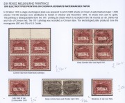 TASMANIA: 1905-11 (SG.254a) 6d carmine-lake Perf.11 group, comprising of a marginal block of 4 MUH, a rare block of 4 used, a strip of 4 used, three singles, including one with "Weakness in sky over Falls"; also 3d brown Perf.11 (SG.253b) pair, used. Cat 