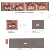 TASMANIA: 1905-11 (SG.254a) 6d carmine-lake Perf.11 group, comprising of a marginal block of 4 MUH, a rare block of 4 used, a strip of 4 used, three singles, including one with "Weakness in sky over Falls"; also 3d brown Perf.11 (SG.253b) pair, used. Cat - 2