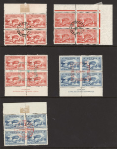 1932 SYDNEY HARBOUR BRIDGE: A specialized group comprising of 2d Engraved & 2d Typographed blks.4 CTO at GPO MELBOURNE; 2d Engraved & 3d blue Imprint blks.4 CTO 24 MAR 1932 at the Sydney Philatelic Exhibition; 3d blue marginal blk.4 CTO at the Bridge 22 Mar. 1932; a single 5/- green CTO; and 2d & 3d Overprinted OS blks.4 CTO at GPO MELBOURNE. (Total: 7 blks.4 + single).