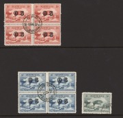 1932 SYDNEY HARBOUR BRIDGE: A specialized group comprising of 2d Engraved & 2d Typographed blks.4 CTO at GPO MELBOURNE; 2d Engraved & 3d blue Imprint blks.4 CTO 24 MAR 1932 at the Sydney Philatelic Exhibition; 3d blue marginal blk.4 CTO at the Bridge 22 M - 2