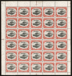 PAPUA: 1907 (SG.39) Thin paper, vertical wmk 1d black & carmine Lakatoi, complete sheet of (30); units 10, 16 and 21 with "d for p" varieties, and "dropped pua" on unit 17, MUH.
