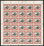 PAPUA: 1907 (SG.39) Thin paper, vertical wmk 1d black & carmine Lakatoi, complete sheet of (30); units 10, 16 and 21 with "d for p" varieties, and "dropped pua" on unit 17, MUH.