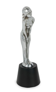 CAR MASCOT vintage chrome plated female figural example mounted on later ebonised base, circa 1940s, 23cm high overall