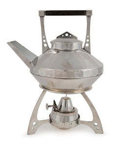 A chromium plated UFO teapot with ebonised handle, original stand and burner, in the manner of CHRISTOPHER DRESSER, 29cm high