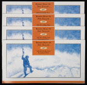 New Zealand: 1992 $5 Sir Edmund Hillary uncut block of 4 banknotes in RBNZ folders, (4 x blks.4), Unc.